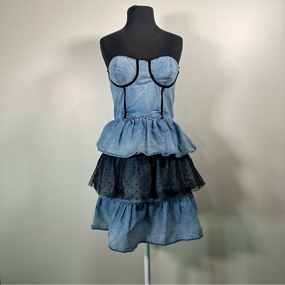 Vintage Strapless 1980s Denim Jean Dress with ruffles